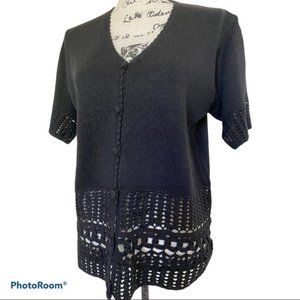 VTG Knit & Crocheted Black Cardigan Sweater Button V-Neck Cotton Short Sleeve M